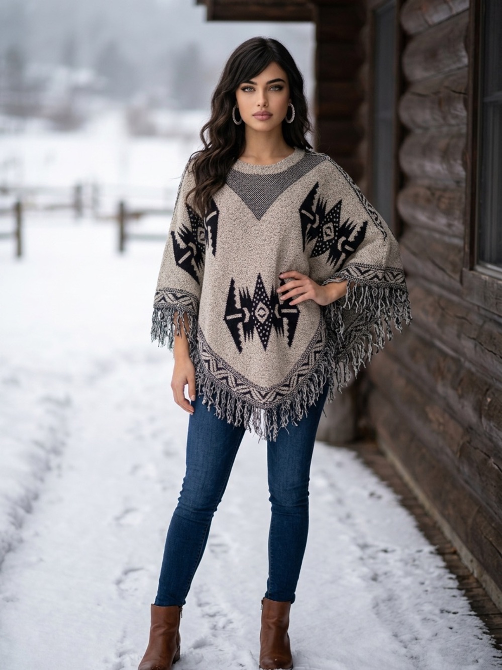 EARTHBOUND Trading Co Taupe & Black Fringe Poncho Sweater Size L
